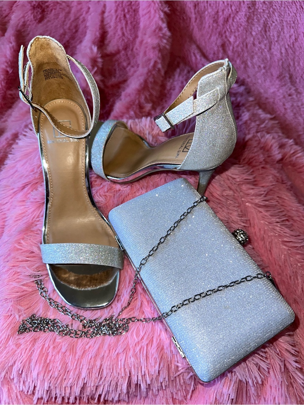 Material Girl Sparkle Silver Ankle-Strap Heels with Matching Clutch